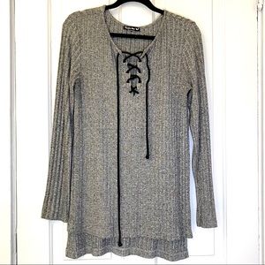 Long Sleeve Ribbed Lace Up Top